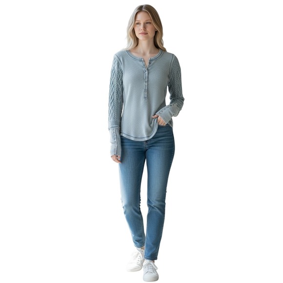 We The Free Tops - WE THE‎ FREE Blue Cotton Blend Henley Thermal Knit Cable Sleeve Top Size S